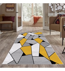 Çok Renkli Geometrik Desen Yıkanabilir Kaymaz Taban Leke Tutmaz Modern Salon Halısı ve Yolluk (Hardal)