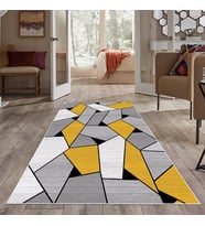 Çok Renkli Geometrik Desen Yıkanabilir Kaymaz Taban Leke Tutmaz Modern Salon Halısı ve Yolluk (Hardal)