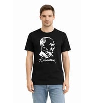Erkek Atatürk Baskılı Tişört Kısa Kollu Bisiklet Yaka T-Shirt - Siyah