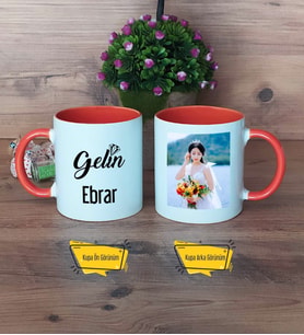 Gelin Kupa Bardak Turuncu Fotoğraflı Düğün Hediyesi