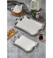 2'li Metal Dikdörtgen Sunum Tepsisi, Gümüş, 49x30 ve 37x23 cm