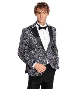 Işıltılı Sarmaşık Desenli Slim Fit Lacivert Erkek Smokin Ceket - Wessi
