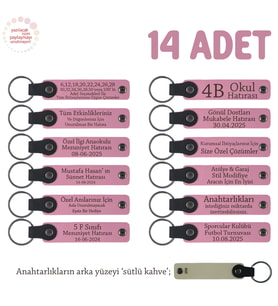 Pembe & S Kahve, Bebek Mevlütleri İçin, 14'lü Set, Kişisel İsimli Deri Anahtarlık, Anlamlı Hatıra