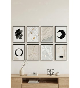 8 Parça Modern Minimal Soyut Dekoratif Çerçeve Görünümlü Tablo Seti - Geometrik ve Zen tema