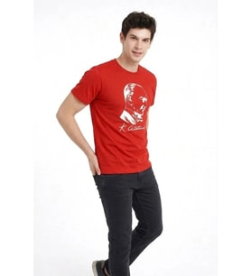Erkek Atatürk Baskılı Tişört Kısa Kollu Bisiklet Yaka T-Shirt - Kırmızı