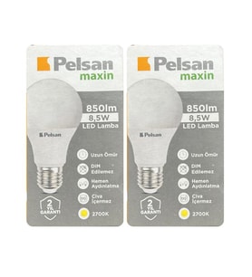 (2 Adet) Pelsan 8,5W 2700K (Sarı Işık) E27 Duylu (Kalın Duy) Led Ampul