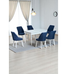 Sera Beyaz 80 x 132 Açılabilen MDF Masa Beyaz Metal Ayaklı Mutfak Masası 6 Lacivert Sandalye