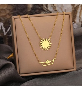 Kişiye Özel 925 Ayar Gümüş Çift Zincir Güneş Tekne Kolye (Gold)