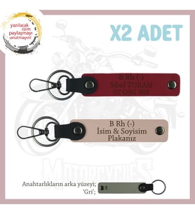 Motorcu Sevdiklerinize Özel, İsim Plaka ve B Rh (-) Yazılı Deri x2 Anahtarlık, Yavruağzı-Kırmızı-Gr (Çok Renkli)