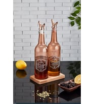 Ahşap Standlı 2`li Rose Gold 750cc Damlatmaz Akıllı Cam Yağlık Sirkelik Sosluk Seti