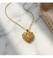 Çelik Kalp Kolye, Altın Kaplama Kolye, Zirkon Taşlı Kadın Kolye KLY-321 (Sarı)