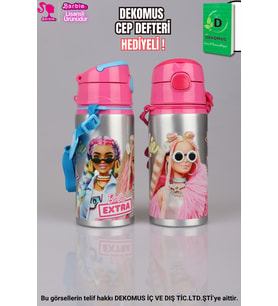 "DEKOMUS CEP DEFTERİ HEDİYELİ" LİSANSLI BARBIE ÖZEL PASLANMAZ "TEKLİ" METAL MATARA 500 ML