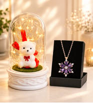 Led Işıklı Beyaz Ayıcıklı Fanus ve Gerçek Ametist Taşlı Lotus Kolye Sevgiliye Anneye Arkadaşa Hediye Seti