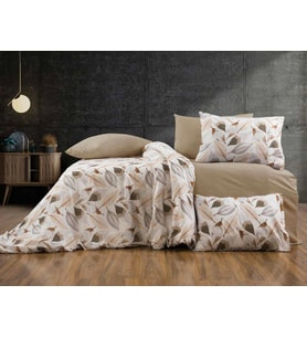 Lüks%80 Pamuklu Çift Kişilik Nevresim Takımı Seti Yorgan Kılıfı Krem Yaprak Desen 200x220 cm + Lastikli Battal Boy Çarşaf 180x200x30 cm +2 Yastık Kılıflı 50x70 cm