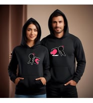 Sevgililer Günü Kombin Erkek Kadın Puzzle Kalp Görselli Kapüşonlu Hoodie Sweatshirt 7012 (Siyah)