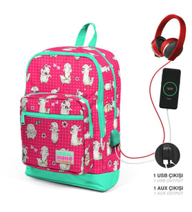 Coral High Kids Neon Mercan Su Yeşili Alpaka Desenli Dört Bölmeli USB Şarjlı Kulaklık Çıkışlı Okul Sırt Çantası 23268