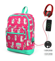 Coral High Kids Neon Mercan Su Yeşili Alpaka Desenli Dört Bölmeli USB Şarjlı Kulaklık Çıkışlı Okul Sırt Çantası 23268