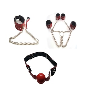 Kırmızı Fantazi Boyun Tasması Fantezi Deri El Ayak Kelepçe Fantezi Deri Ağız Topu + Erotik Masaj Yağı(Red Fancy Collar , Fancy Leather Hand Foot Cuff , Fancy Leather Mouth Ball + Erotic Massage Oil)