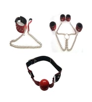 Kırmızı Fantazi Boyun Tasması Fantezi Deri El Ayak Kelepçe Fantezi Deri Ağız Topu + Erotik Masaj Yağı(Red Fancy Collar , Fancy Leather Hand Foot Cuff , Fancy Leather Mouth Ball + Erotic Massage Oil)
