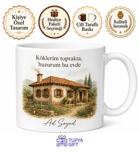 Kerpiç Ev Temalı Baskılı Kupa Bardak Nostaljik Köy Evi Hediye
