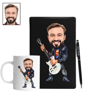 Kişiye Özel Gitarist Tasarımlı Karikatür Siyah Defter Kalem Kupa Seti 91