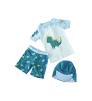 Erkek Bebek 3'lu Set- Upf 50 + Güneş Korumali Sort Mayo + Tshirt 'u + Sapka Seti Cute Dıno (Su Yeşili)