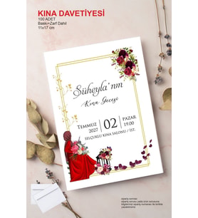 Kına Davetiyesi Baskılı 100 Adet Zarflı