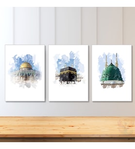 Dikey 3'lü Kanvas Tablo Kabe Mescid-i Aksa Mescid-i Nebevi Dini Manevi İslami Duvar Salon Tablosu (Çok Renkli)