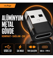 USB To Type-C Dönüştürücü/Çevirici, 3A Hızlı Şarj ve Veri Aktarımı, Otg, Mini Boy Siyah, İphone ve Dizüstü Bilgisayar Uyumlu Carplay, Android Auto Uyumlu