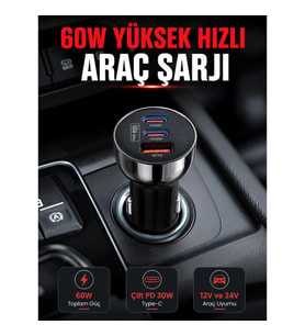 Mey İthalat® PD 30W Çift USB-C Araç Şarj Cihazı 60W Hızlı Şarj Adaptörü
