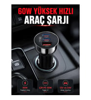 Mey İthalat® PD 30W Çift USB-C Araç Şarj Cihazı 60W Hızlı Şarj Adaptörü