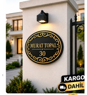 Kişiye Özel Villa Kapı İsimliği - Siyah Mdf Detaylı Dış Mekan Ev Numara Tabelası 40x35 Cm 6 Mm