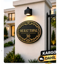 Kişiye Özel Villa Kapı İsimliği - Siyah Mdf Detaylı Dış Mekan Ev Numara Tabelası 40x35 Cm 6 Mm