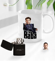 BK Gift Kişiye Özel Babalar Günü Hediyesi Godfather Baba Karikatürlü Kupa Bardak ve Benzinli Çakmak Seti-8 (Model 1)