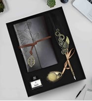Özel Üretim Osmanlı Nostaljik Divit Hokka Seti ve Deri Kapaklı Vintage Eskitme Sayfa Çizgisiz, Spiralli, Bağcıklı, Yaprak Desenli, Günlük, Anı, Hatıra Defteri Hediyelik Kutulu Set