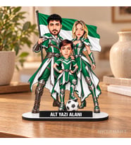 Kişiye Özel 3 Kişilik Yeşil Beyaz Aile Süper Karikatürlü 18 cm MDF Masaüstü Biblo - Futbol Temalı Hediye Futbol Severlere ve Spor Tutkunlarına Hediye