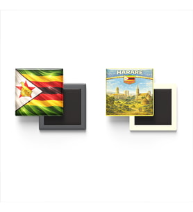 Buzdolap Magnetleri - Zimbabve Bayrağı ve Harare Retro Tema - 2'li Set Magneti