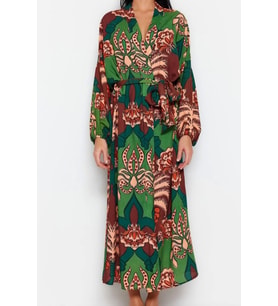 Moda Dokuma Regular Kalıp Uzun Şal Yaka Standart Kol Shally Basic Tropikal Desen Kimono Kaftan