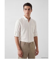 LCWAIKIKI Classic Bej Regular Fit Çizgili Keten Karışımlı Erkek Gömlek