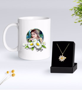 BK Gift Kişiye Özel Papatya Temalı Fotoğraflı Kupa ve Papatya Kolye Seti-4 (Model 1)