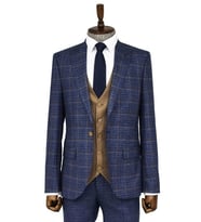 Ekose Ceketli Slim Fit Lacivert Erkek Takım Elbise - Wessi