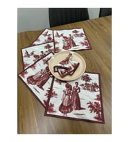 Toile De Jouy Paris Amerikan Servis 6’lı Set  35x45 cm  %100 Pamuk Dijital Baskılı  Klasik Fransız (Kırmızı)