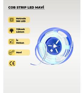 12V COB Şerit Led Mavi Işık  - Metrede 360 Led - 5 Metre