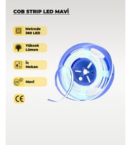12V COB Şerit Led Mavi Işık  - Metrede 360 Led - 5 Metre