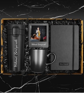 Sevdiklerinize Özel Termo Deri Defter & Siyah Kupa & 400 ML Çelik Termos & Fotoğraf Çerçevesi