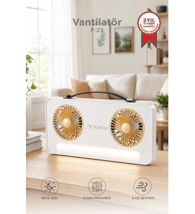 Torima Vantilatör Led Işıklı Şarjlı Çift Fanlı Mini Masaüstü Fan 1200 Mah F23 Beyaz