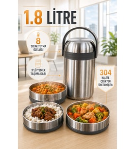 1.8 Litre 3'lü Paslanmaz Çelik Sızdırmaz Termos Yemek Taşıma Kabı / Sefer Tası Beslenme Kutusu