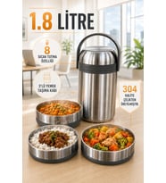 1.8 Litre 3'lü Paslanmaz Çelik Sızdırmaz Termos Yemek Taşıma Kabı / Sefer Tası Beslenme Kutusu