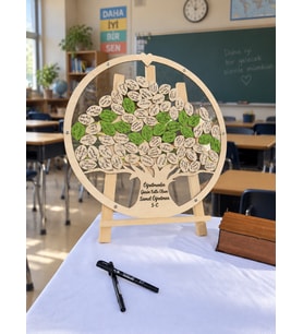 Öğretmenler Gününe Özel Yuvarlak Hayat Ağacı Anı Hatıra Kutusu (50CM) Ahşap Kalem ve Şövale Hediyeli