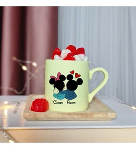 Mickey & Minnie Mouse Sevgili Eş Tasarımlı Kişiye Özel Sarı Türk Kahvesi Fincanı